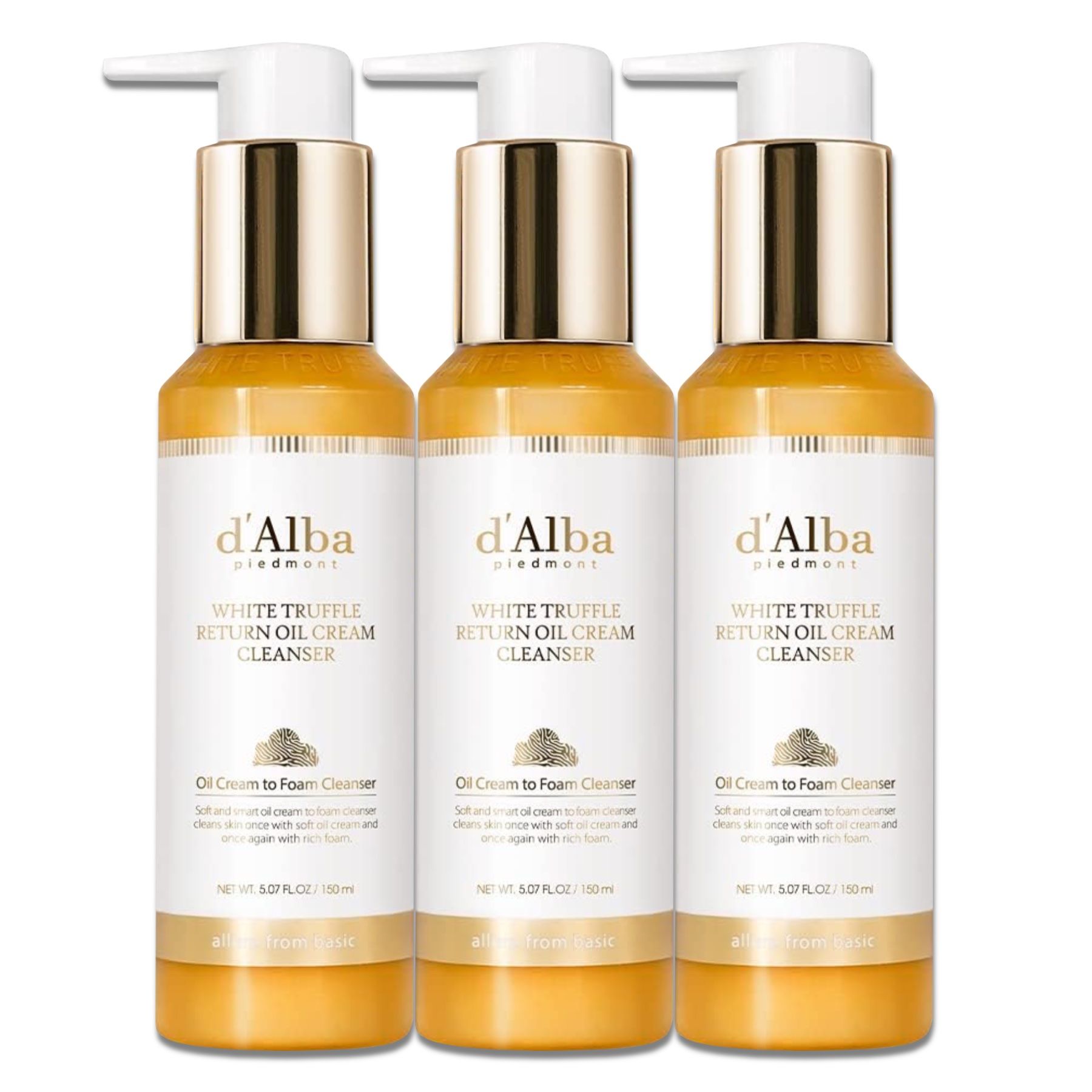 Drei Flaschen d'Alba White Truffle Return Oil Cream Cleanser. Weiße Flaschen mit goldenen Kappen und Spendern.