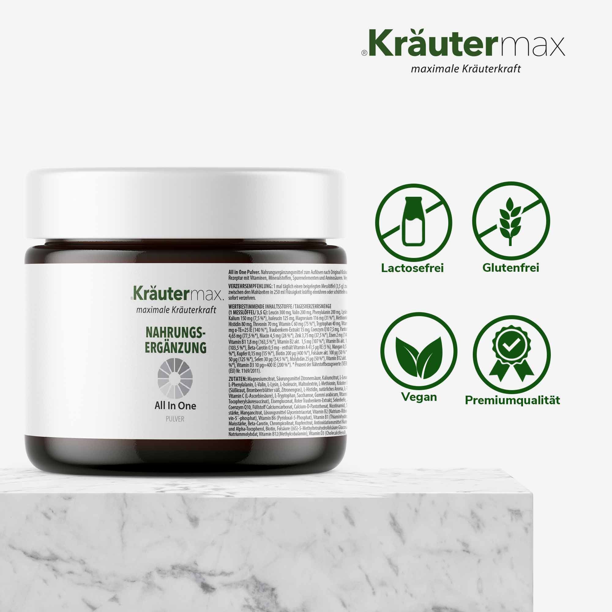 Braunes Glas mit weißem Deckel. Aufschrift "Kräutermax" und "All in One". Symbole für laktosefrei, glutenfrei, vegan und Premiumqualität.