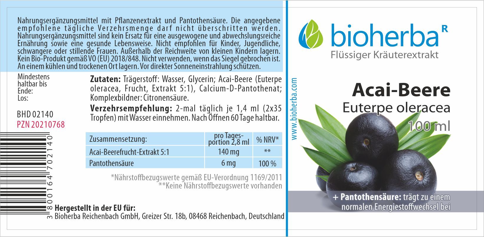 Braune Glasflasche mit schwarzem Deckel. Etikett mit Produktnamen, Logo und Abbildung von Acai-Beeren. Text in deutscher Sprache.