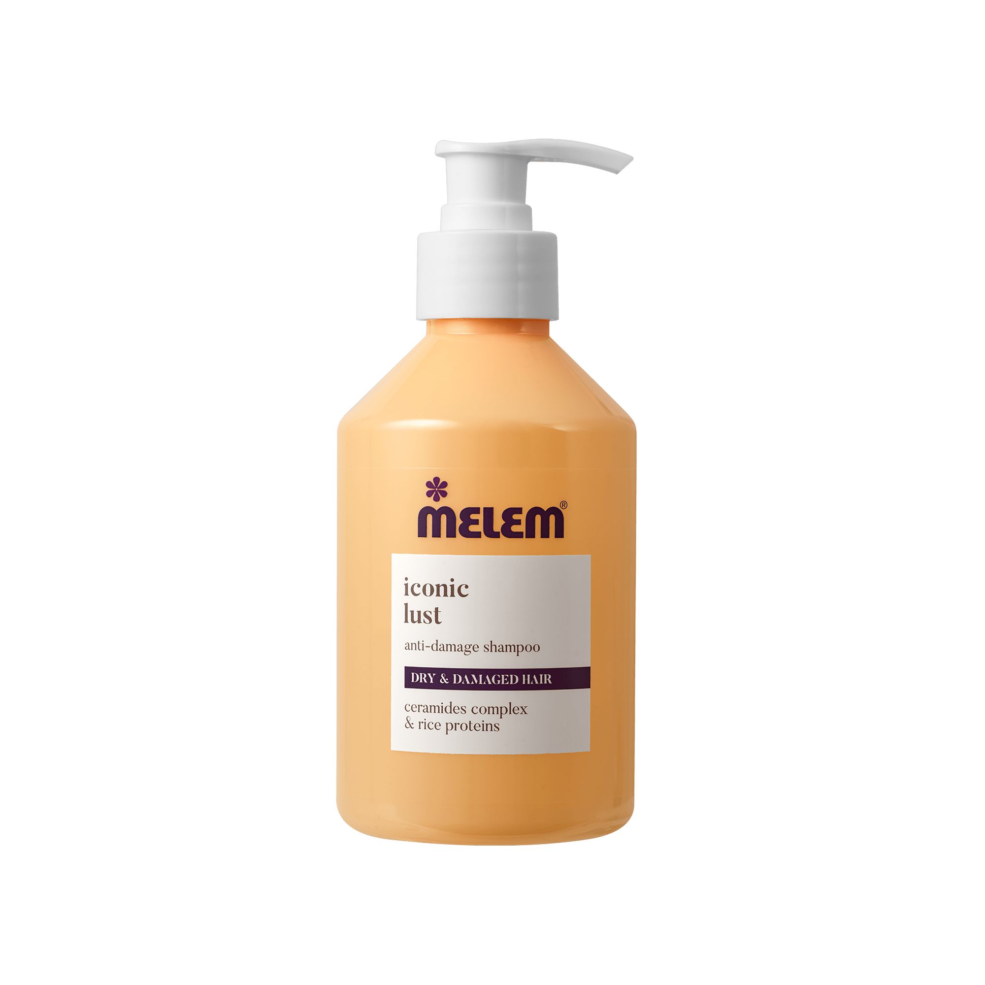 Beige Shampoo-Flasche mit weißem Pumpkopf. Aufschrift: Melem iconic lust. Anti-Damage Shampoo. Für trockenes & geschädigtes Haar.