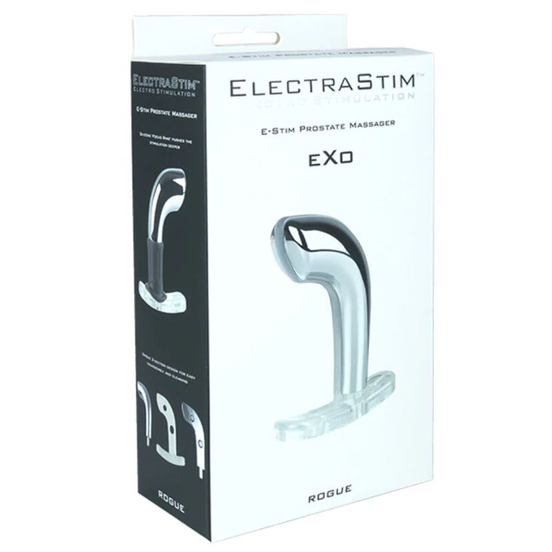 Verpackung mit Produktabbildungen. Aufschrift: ELECTRASTIM, E-Stim Prostate Massager, EXO, ROGUE.