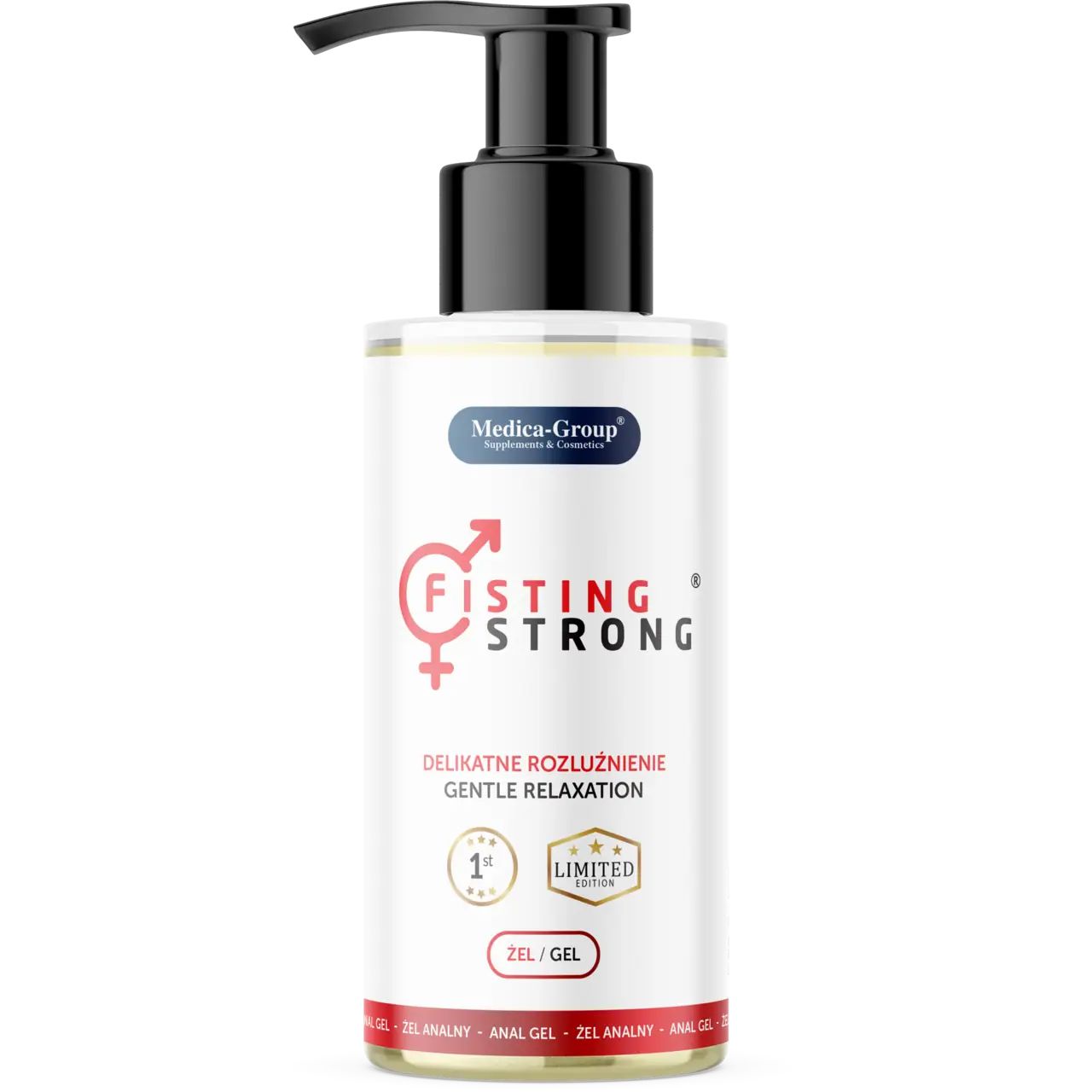 Gel-Flasche mit schwarzem Pumpkopf. Aufschrift: Fisting Strong, Gentle Relaxation. 1st, Limited Edition. Medica-Group Logo.