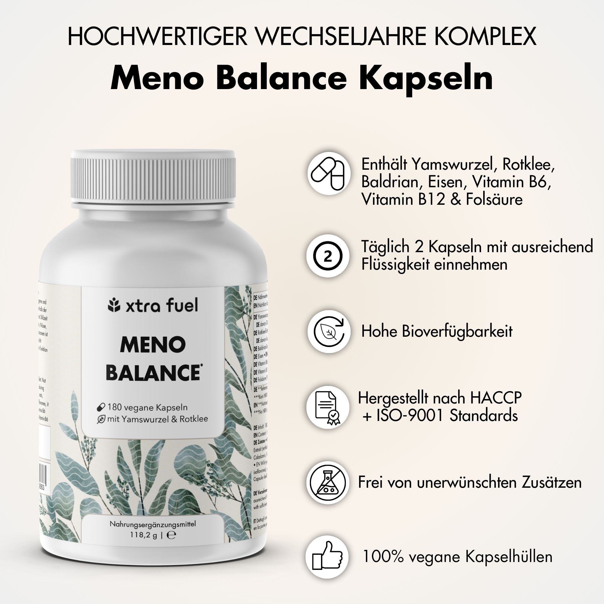 Weiße Flasche mit Kapseln. Aufschrift: Meno Balance. Text: 180 vegane Kapseln mit Yamswurzel & Rotklee. Zusätzliche Informationen.