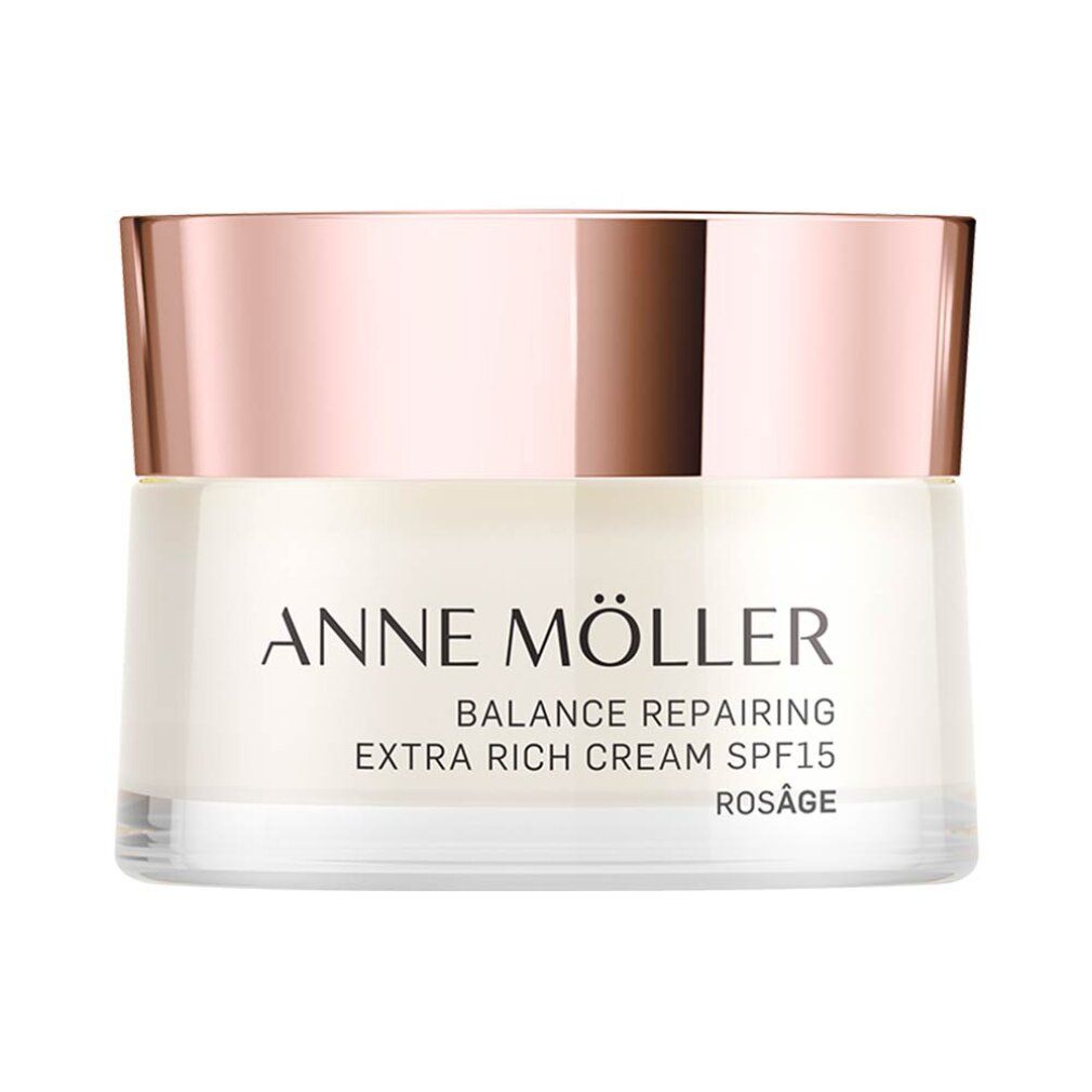 Creme-Tiegel mit roségoldfarbenem Deckel. Aufschrift: Anne Möller, Balance Repairing Extra Rich Cream SPF 15, Rosâge.