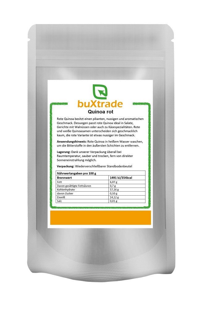 Beutel mit buXtrade Quinoa rot. Etikett mit Produktinformationen und Nährwerttabelle. Wiederverschließbarer Standbodenbeutel.