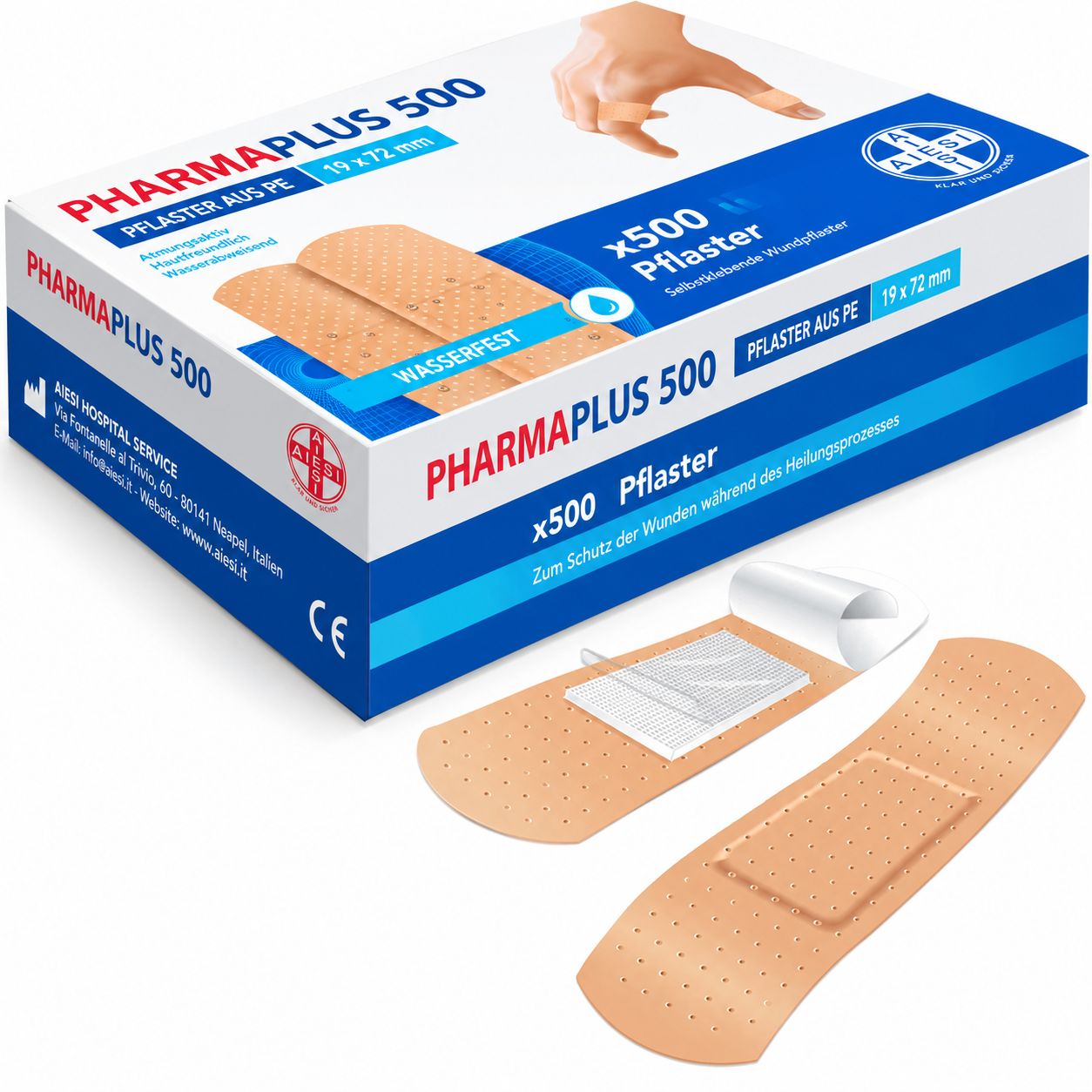 Verpackung mit 500 Pflastern, 19x72 mm, aus PE, wasserfest.