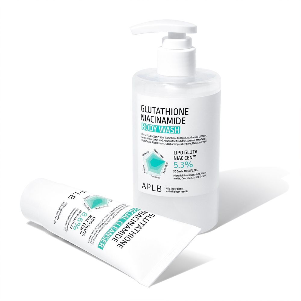 APLB Glutathione Niacinamide Body Wash Spenderflasche und Tube.