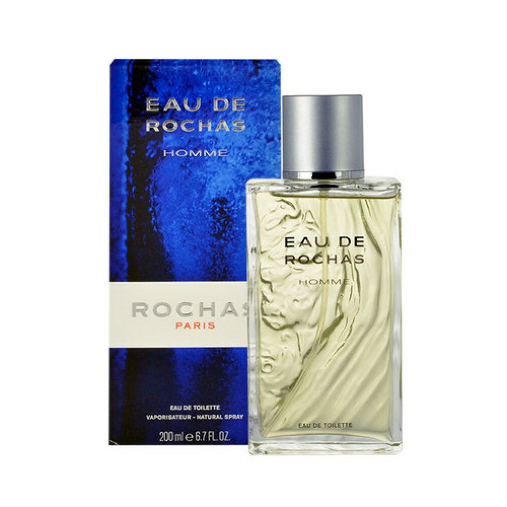 Flakon und Verpackung von Eau de Rochas Homme. Rechteckiger Flakon mit silbernem Verschluss. Blaue Verpackung mit weißem Schriftzug.