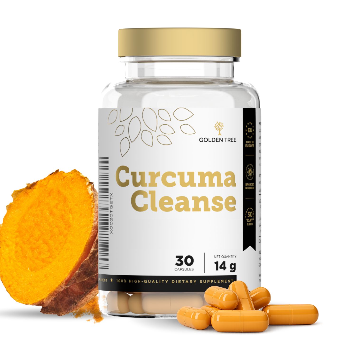 Flasche Curcuma Cleanse mit Kapseln, 30 Stück, 14g. Daneben liegen einige Kapseln und ein Stück Kurkuma.