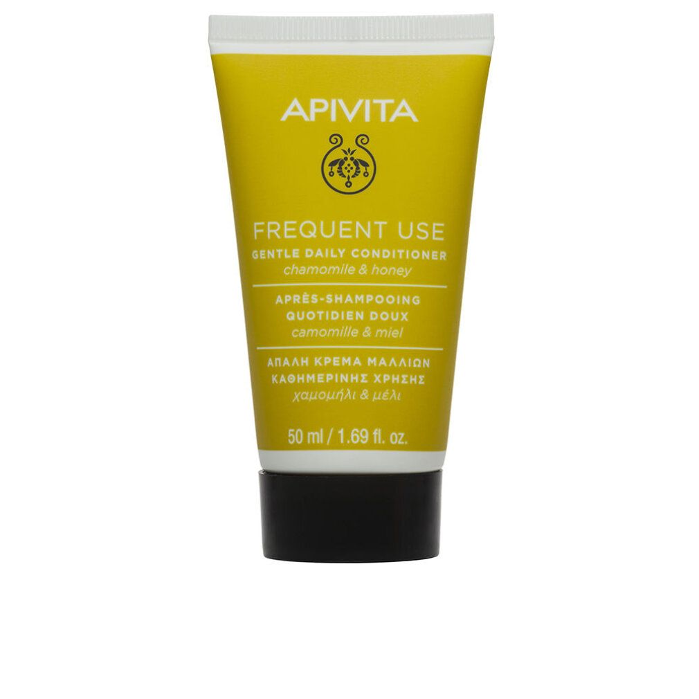 Gelbe Tube mit schwarzem Deckel. Aufschrift: APIVITA, FREQUENT USE, GENTLE DAILY CONDITIONER, Kamille & Honig. Volumen: 50 ml.