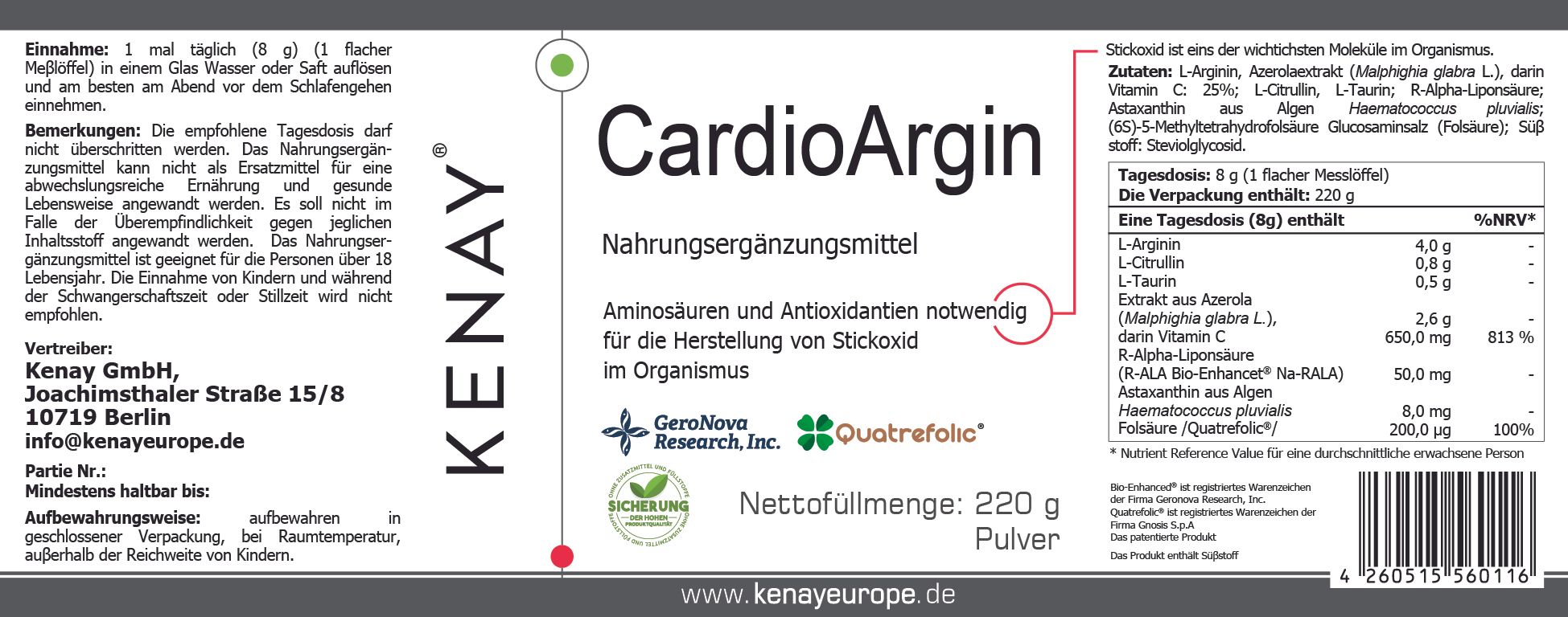 Nahaufnahme der Produktinformationen von CardioArgin KENAY®. Enthält Informationen zu Inhaltsstoffen, Dosierung und Hersteller. Mit "Quatrefolic"-Logo.
