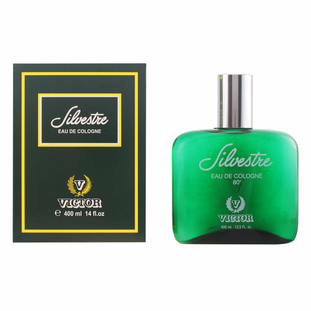 Grüne Flasche und Schachtel. Aufschrift Silvestre Eau de Cologne. Marke Victor. Volumen 400 ml.