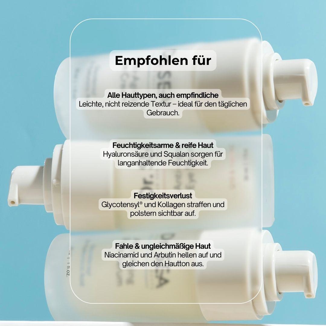 Serumflaschen. Empfohlen für: Alle Hauttypen, feuchtigkeitsarme Haut, Festigkeitsverlust, fahle Haut. Text: Anti-Aging Face Serum.