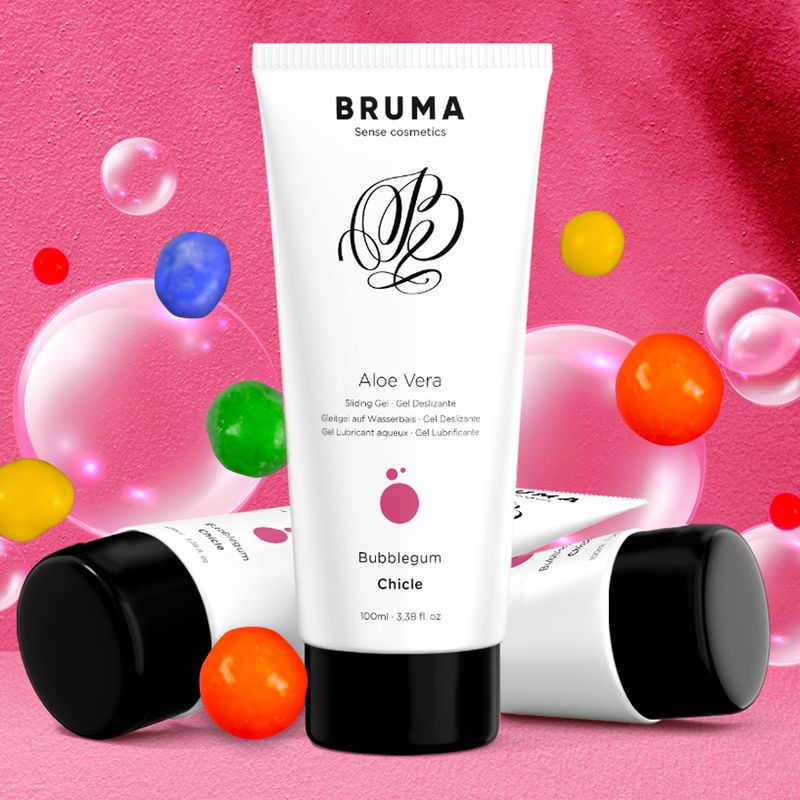 Weiße Tuben, schwarze Deckel. Aufschrift: Bruma, Aloe Vera, Bubblegum Chicle. Hintergrund: Kaugummikugeln und Blasen.