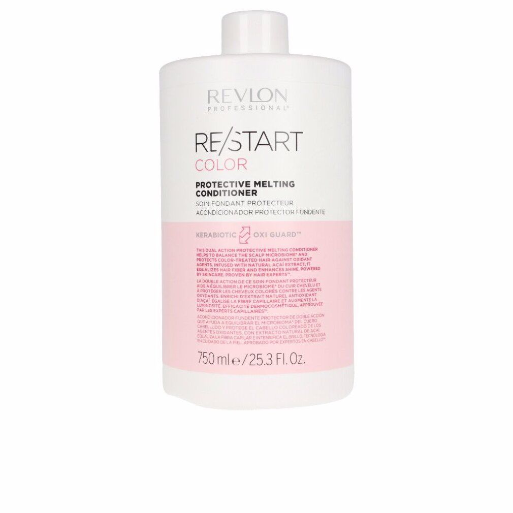 Weißer Behälter mit rosa Etikett. Aufschrift: RE/START COLOR Protective Melting Conditioner. 750 ml.