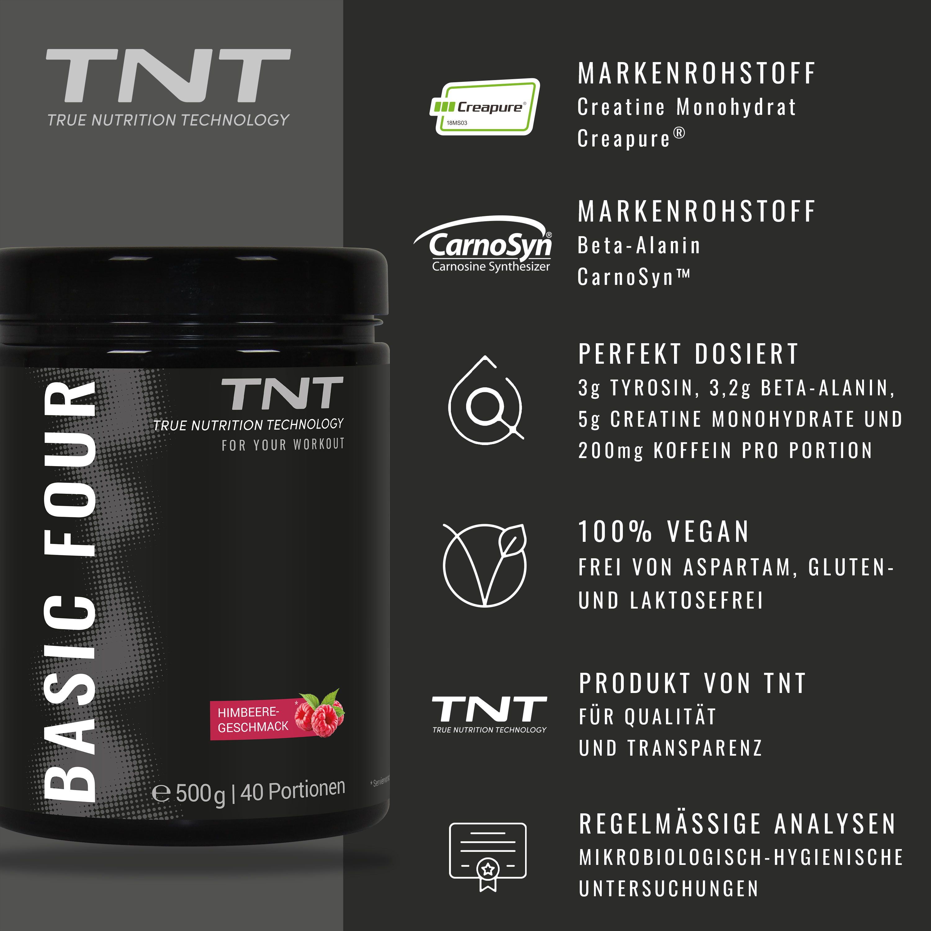 TNT Basic Four-Behälter mit Logos und Text. Enthält 3g Tyrosin, 3,2g Beta-Alanin, 5g Kreatin Monohydrat und 200mg Koffein.