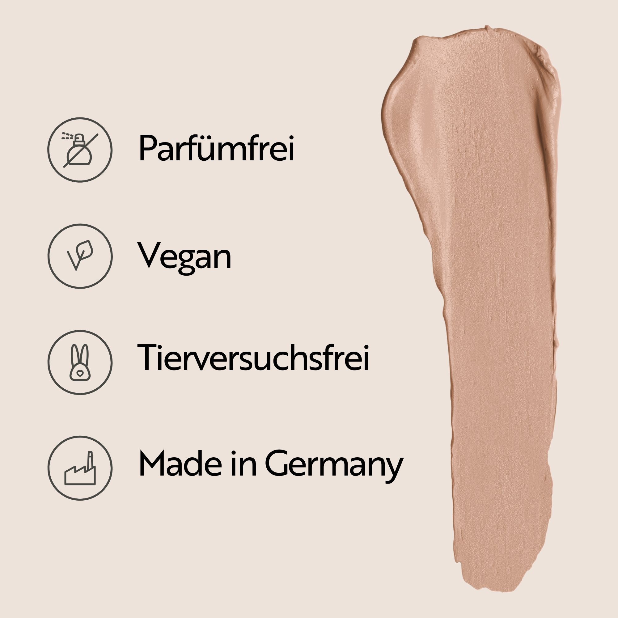 Produkt-Icons. Parfümfrei, vegan, tierversuchsfrei, Made in Germany. Farbiger Klecks.