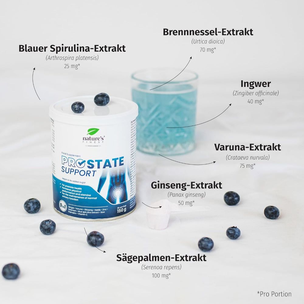 Nature's Finest Prostate Support Dose mit Zutaten wie Brennnessel, Ginseng und Sägepalme.