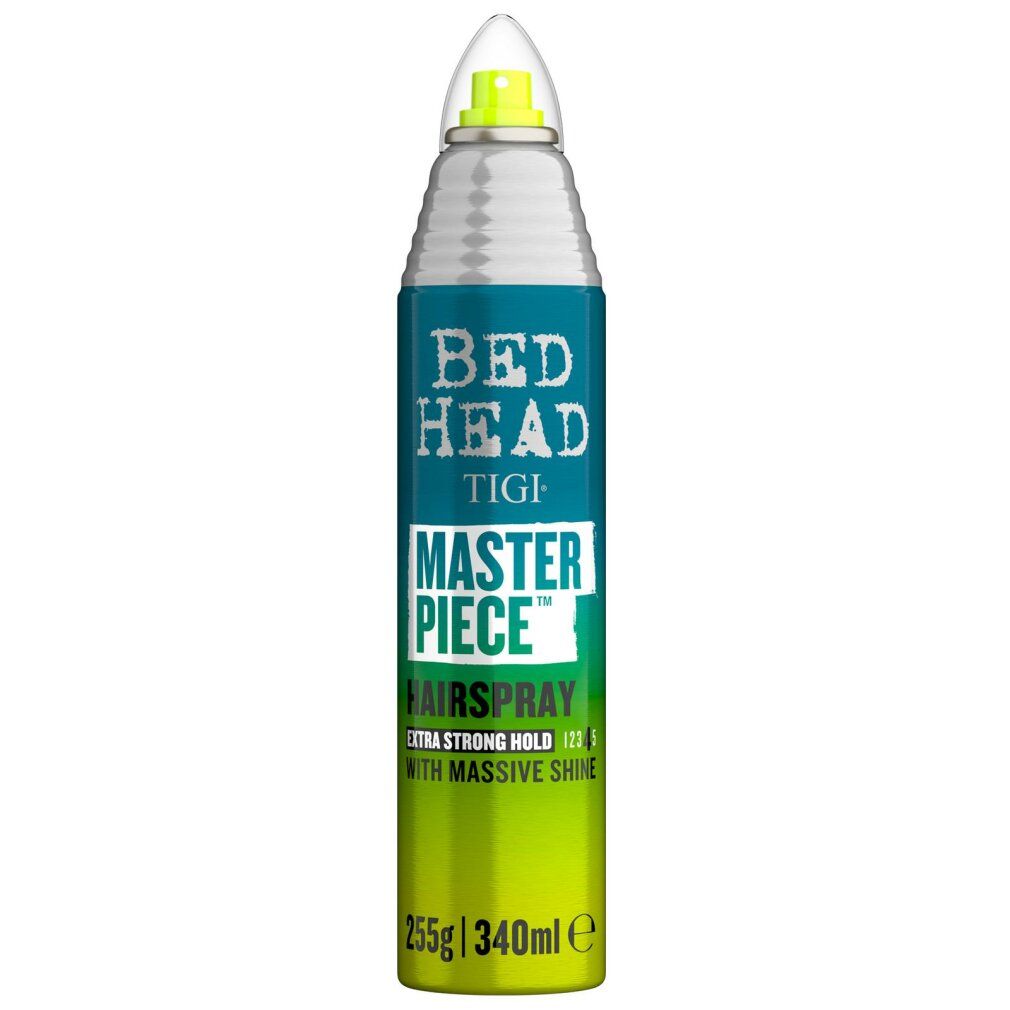 Tigi Bed Head Masterpiece Haarspray. Blaue, grüne Dose mit silbernem Sprühkopf. Text: Masterpiece, Extra Strong Hold. 255g/340ml.