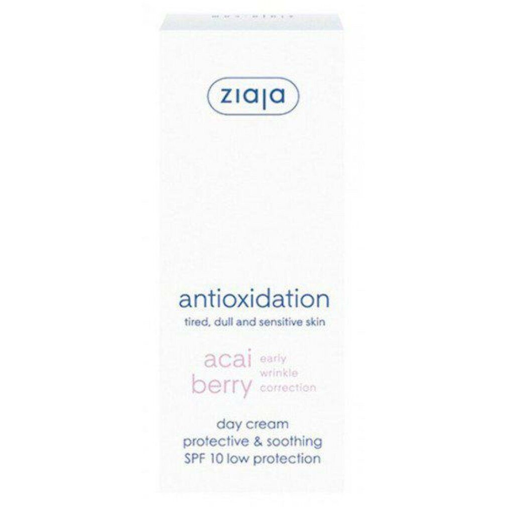Weiße Verpackung mit Ziaja-Logo und Text: antioxidative Tagescreme mit Acai-Beere, SPF 10. Für müde, fahle und empfindliche Haut.