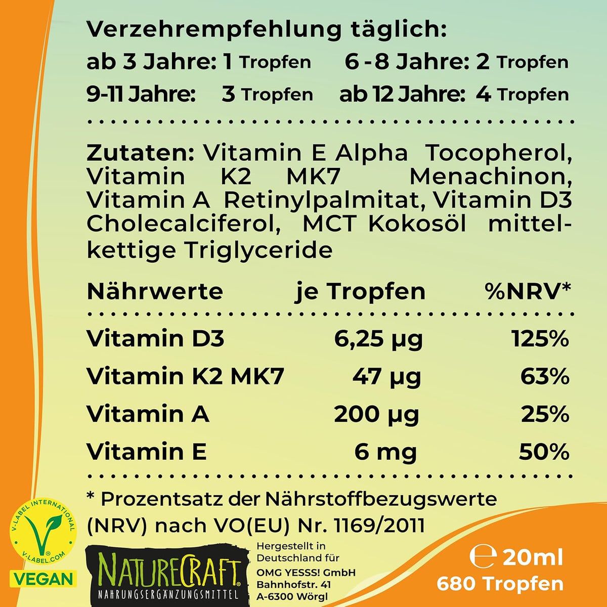 Rückseite: Zutaten, Nährwerte, Dosierungsempfehlung und Herstellerangaben für NatureCraft KIDS Vitamin D3+K2 Tropfen.