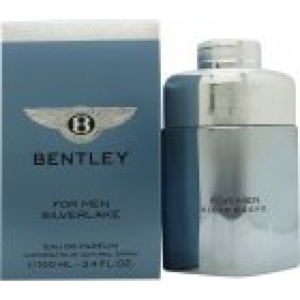 Bentley For Men Silverlake Eau de Parfum Spray. Flakon und Verpackung in Silber und Blau. Logo und Schriftzug auf der Verpackung.