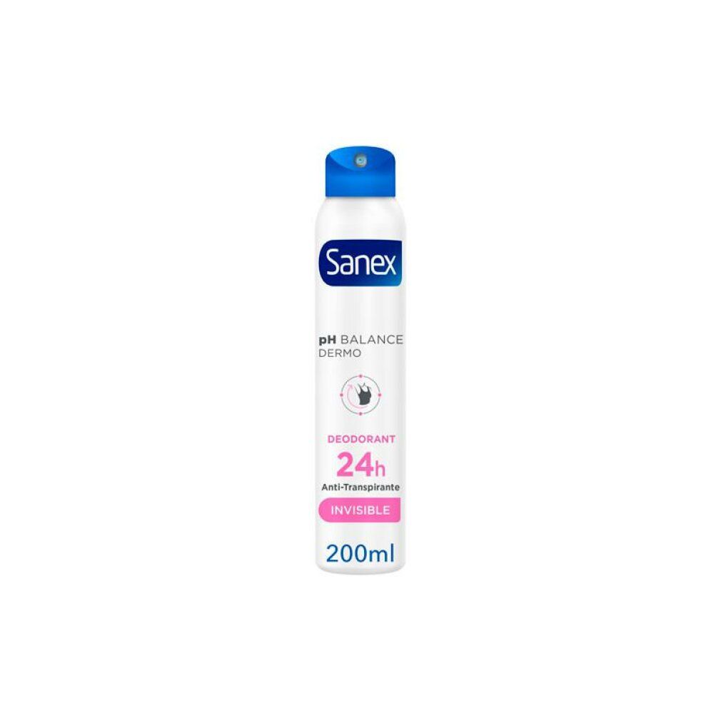 Sanex pH Balance Dermo Invisible Deodorant-Spray. Weißes Spray mit blauem Sprühkopf. Text: Invisible, pH Balance Dermo, Sanex, 200ml.