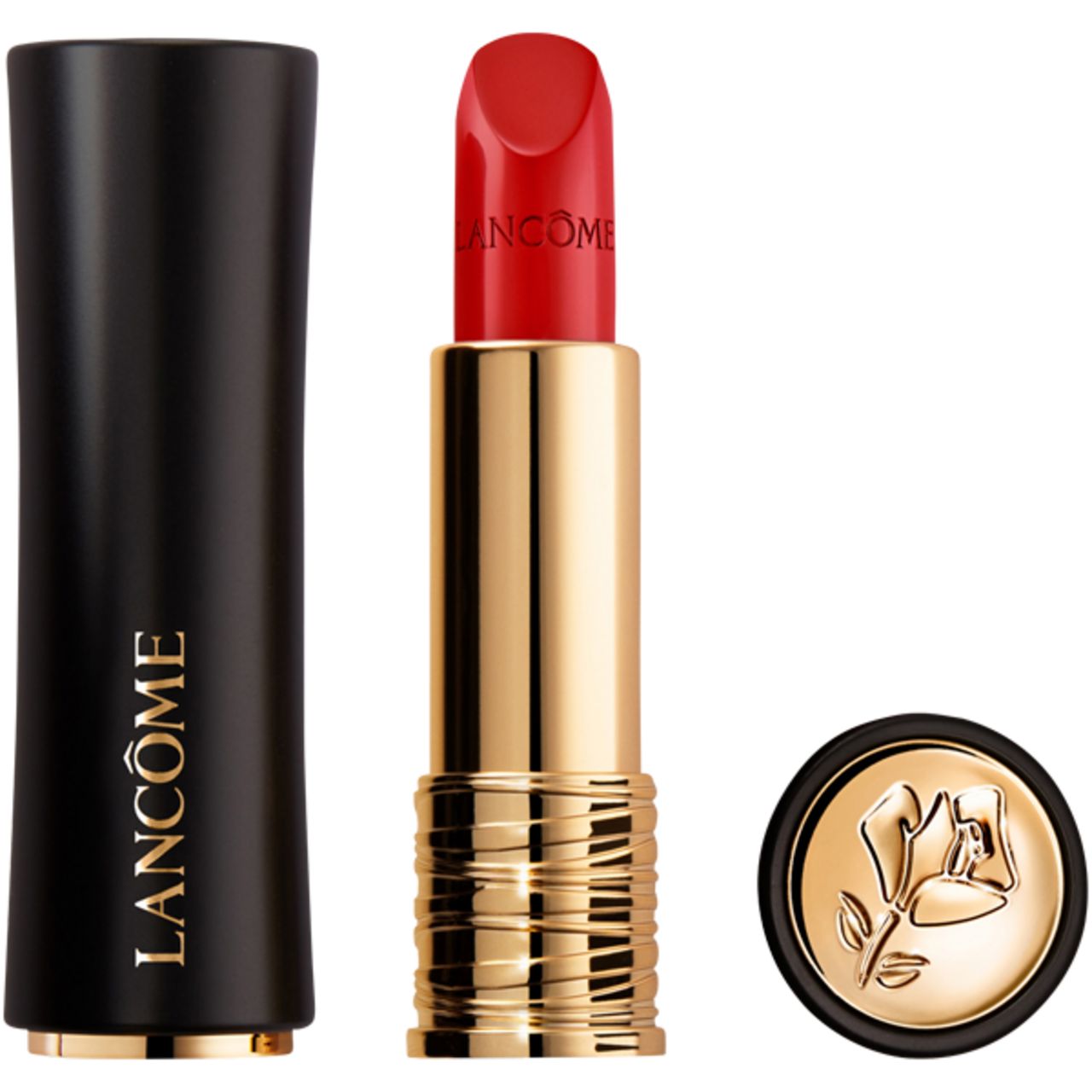Roter Lippenstift in goldener Hülse, daneben schwarze Hülse und Deckel mit Rosen-Emblem. "Lancôme" sichtbar.