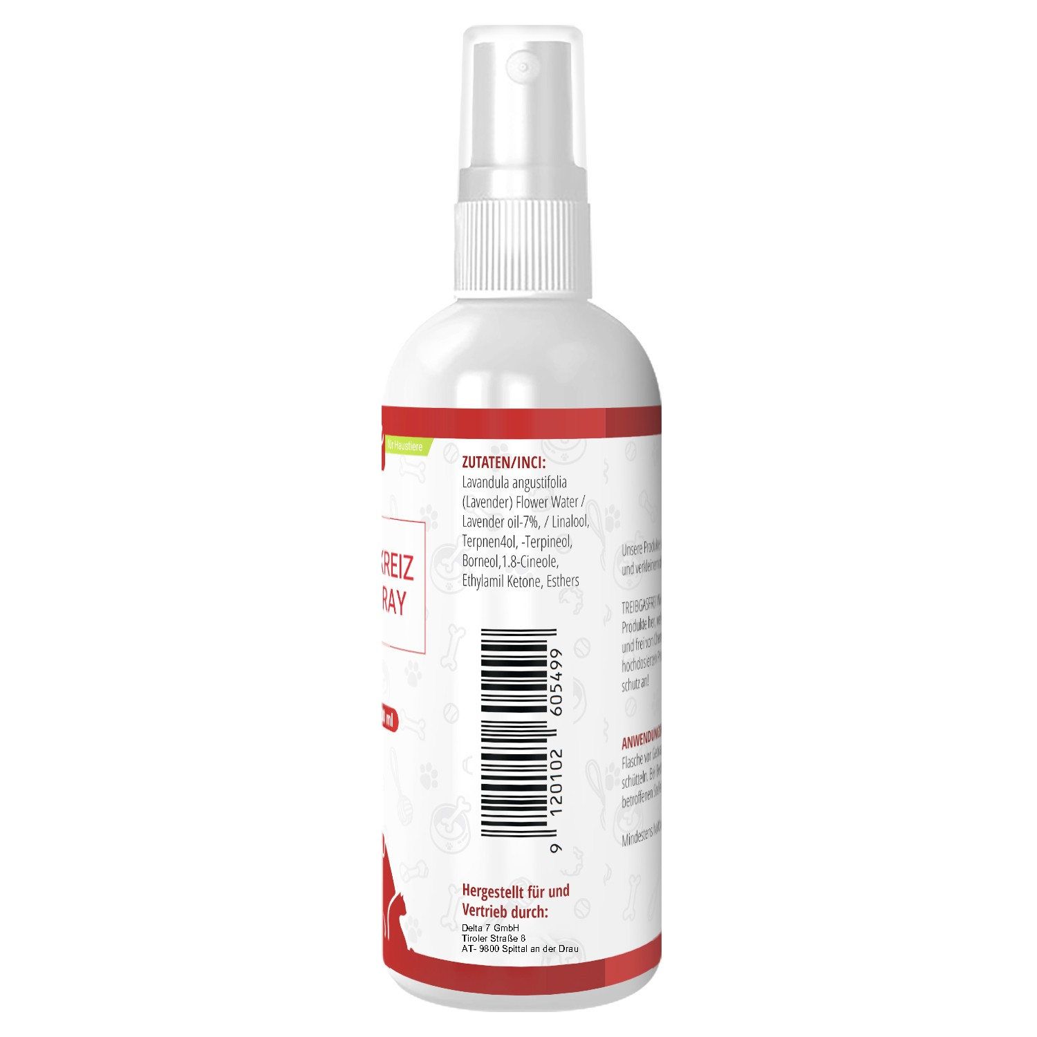 Rückseite der Sprühflasche. Text: Inhaltsstoffe, Lavendel, Barcode, Hersteller.