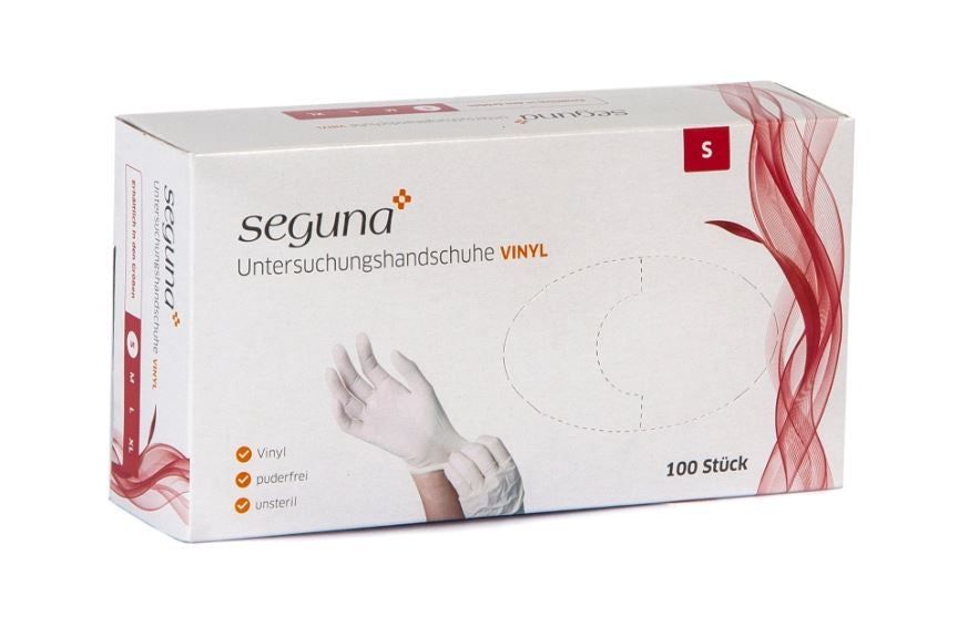 Weiße Box mit SEGUNA Vinyl-Handschuhen. Aufdruck: 'Untersuchungshandschuhe'. Größe S. 100 Stück. Vinyl, puderfrei, unsteril.