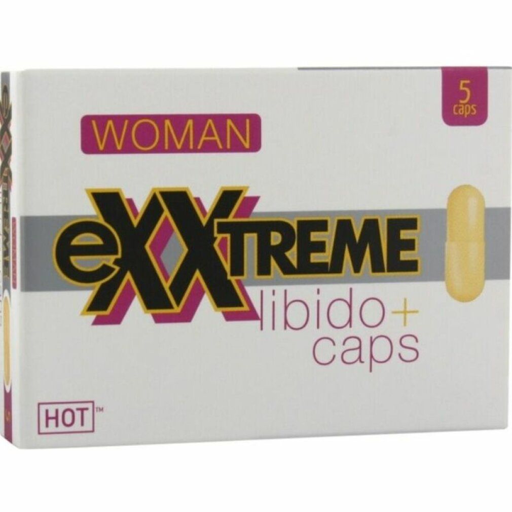 Weiße Schachtel mit eXXtreme, WOMAN, Libido+ caps und HOT. Eine Kapsel ist sichtbar.