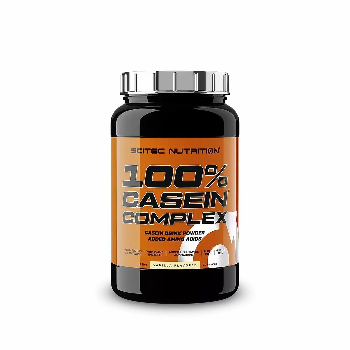 Schwarze Dose mit silbernem Deckel. Aufkleber mit "Scitec Nutrition 100% Casein Complex". Vanille-Aroma. Casein-Drink-Pulver.