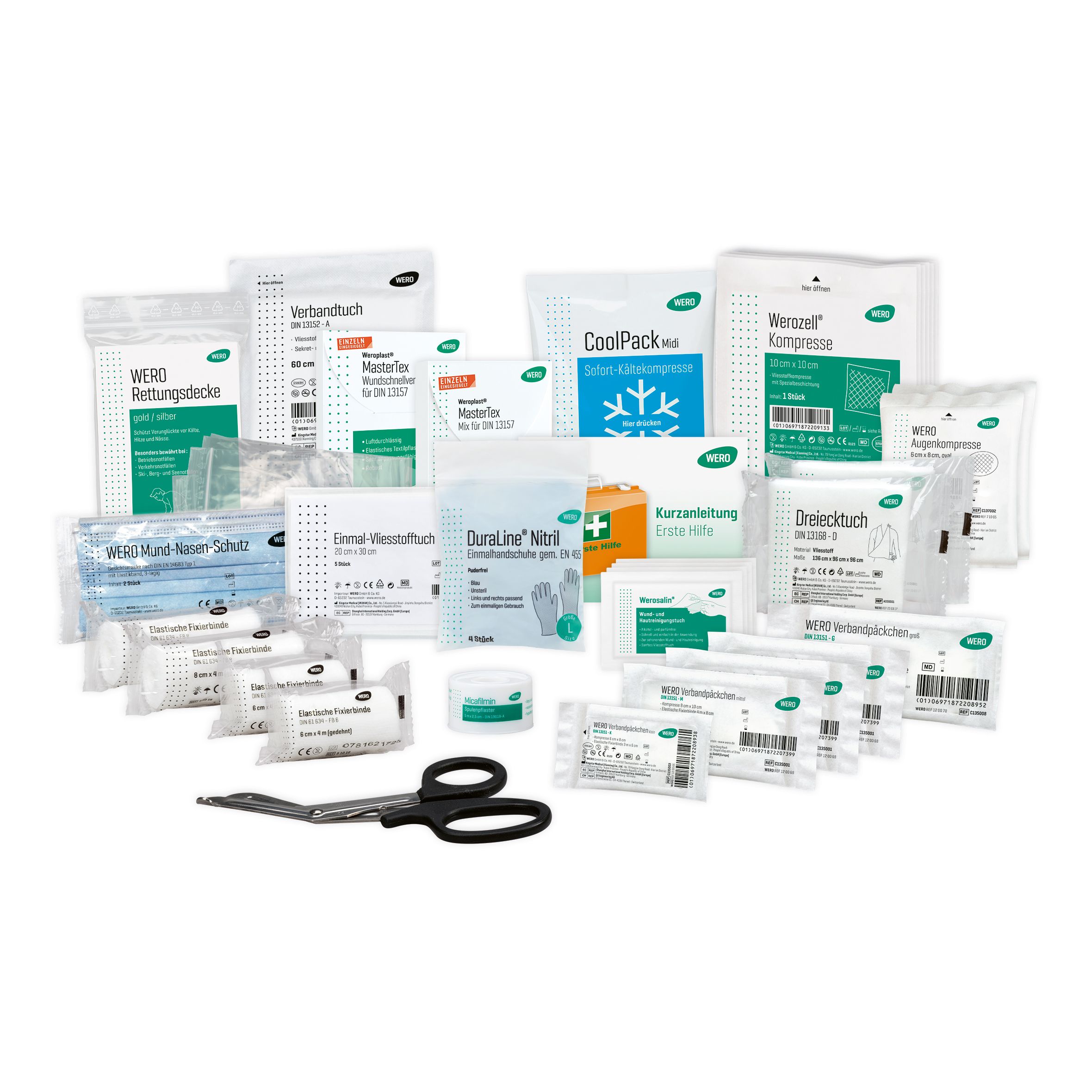 Erste-Hilfe-Set mit Verbandsmaterial, Kompressen, Kühlpack, Mund-Nasen-Schutz, Handschuhen und Schere. Verpackungen mit WERO-Logo.