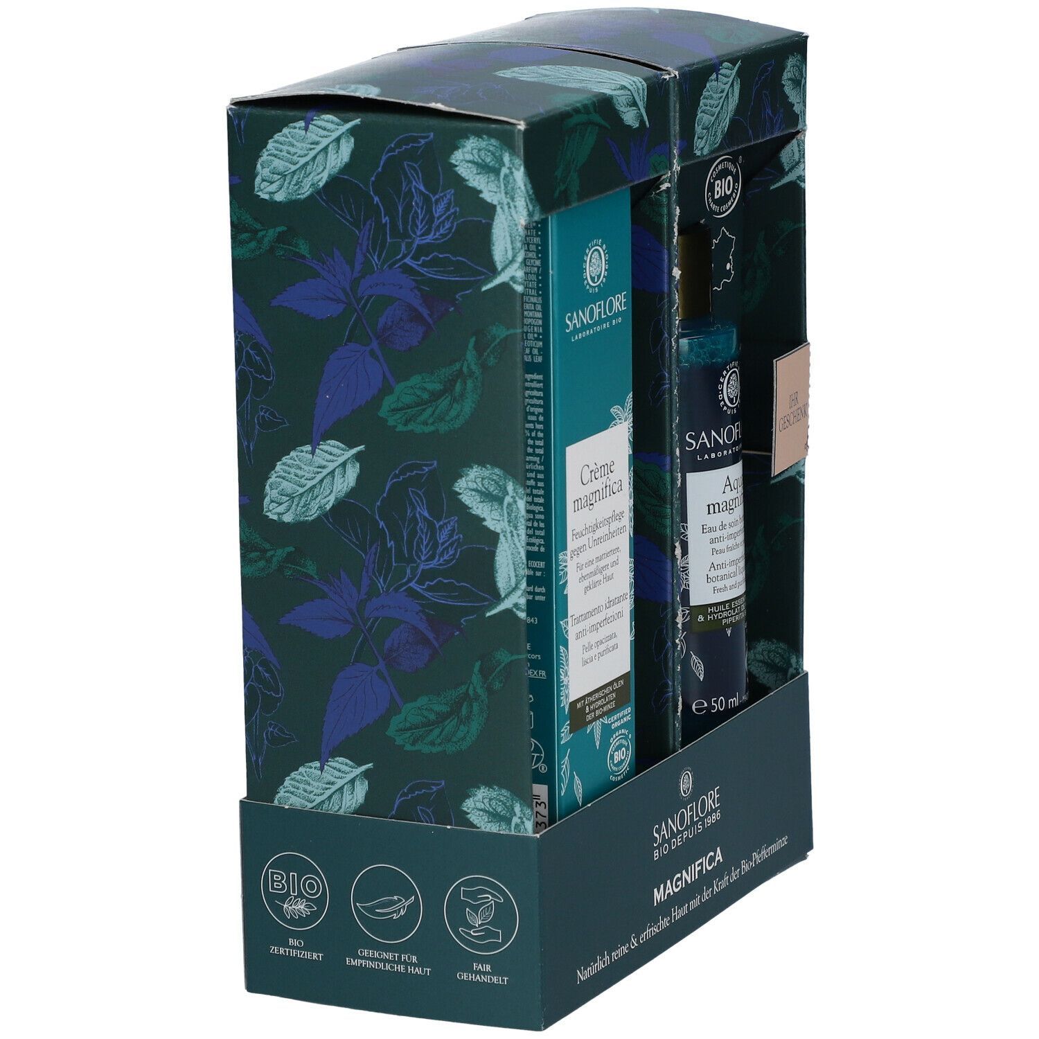 Geschenkset mit zwei Produkten in einer Schachtel. Aufdrucke: Sanoflore, Magnifica, Bio-Siegel. Enthält Creme und Aqua Magnifica.
