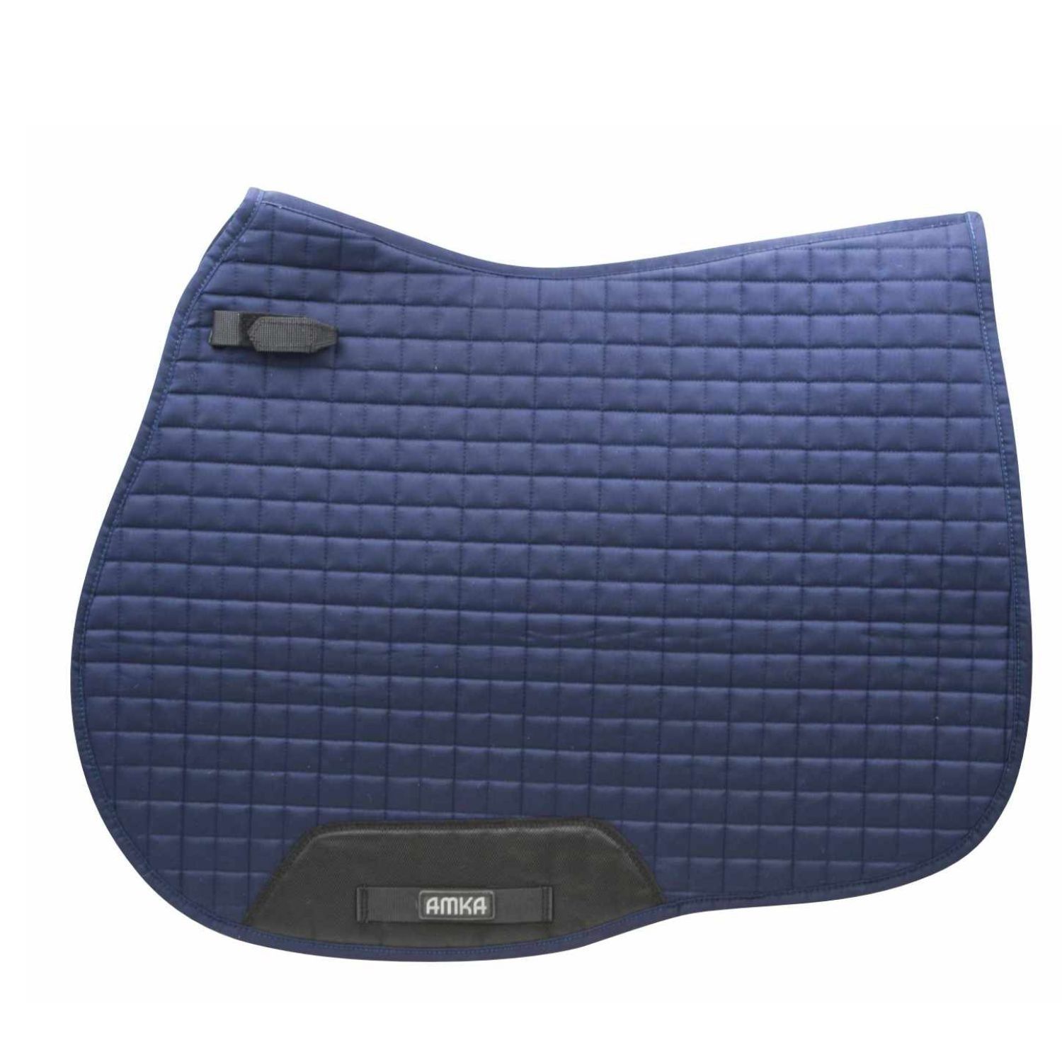 Blaue Schabracke mit quadratischem Steppmuster und AMKA-Logo. Schwarze Details.