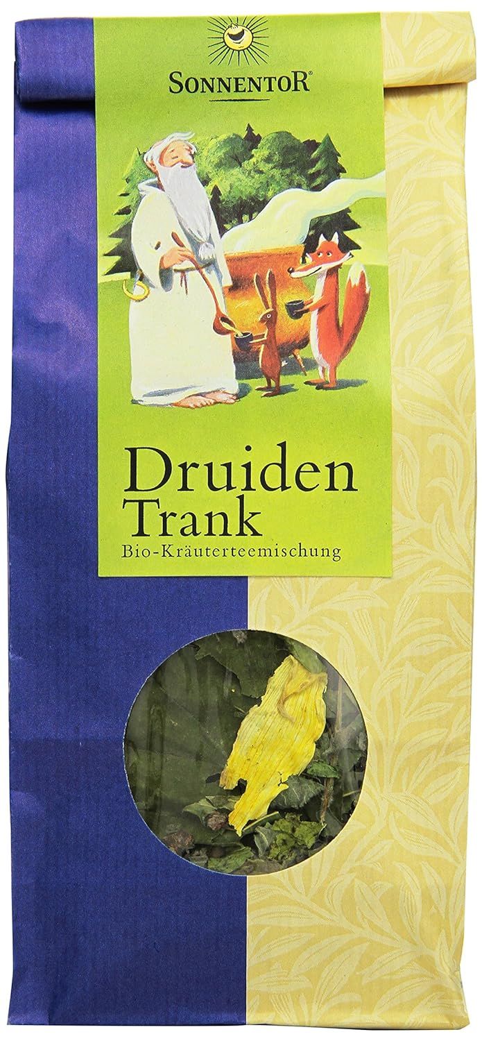 Verpackung von Sonnentor Druidentrank Bio-Kräutertee mit Illustration eines Druiden, Fuchses und Hasen.