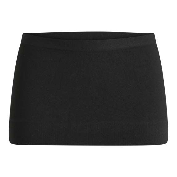 Schwarzer, bandförmiger Bauchgurt. Elastisches Material, rechteckige Form.