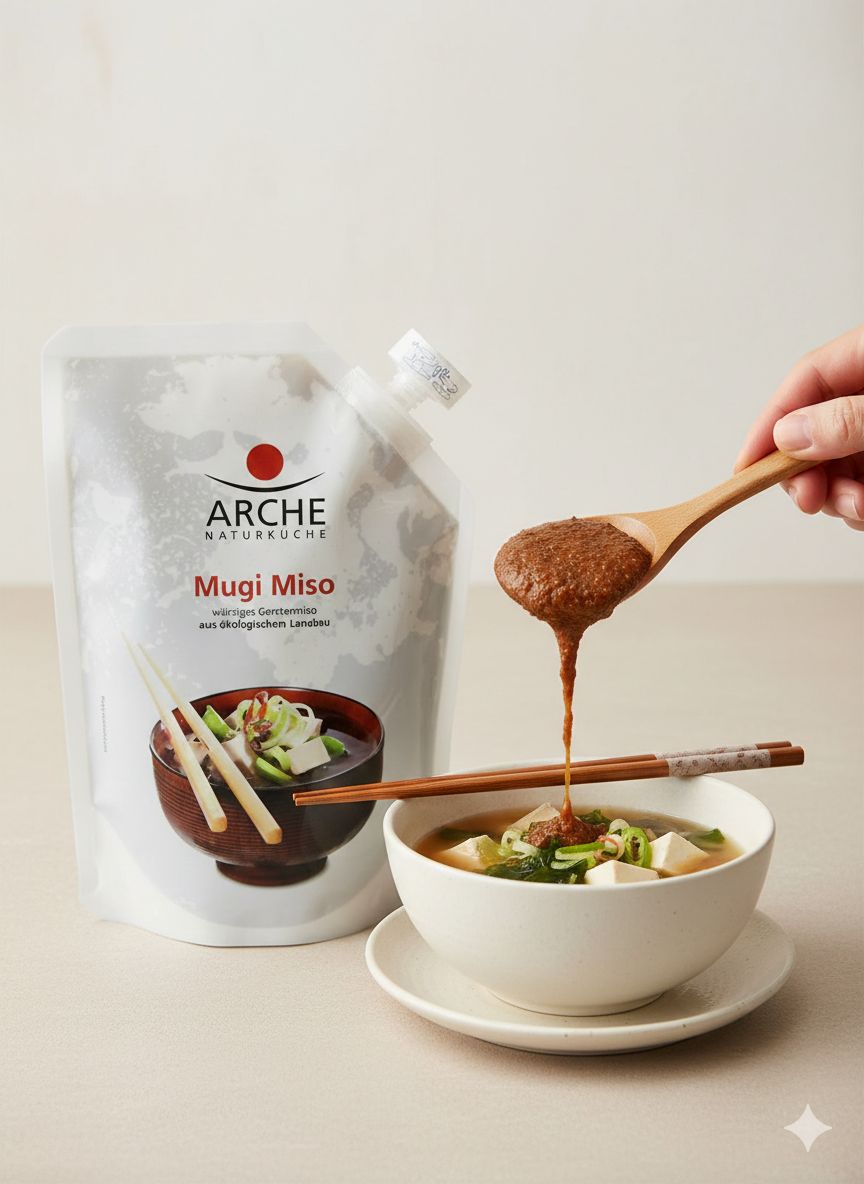 Arche Mugi Miso in einem Standbeutel, daneben eine Schüssel Miso-Suppe mit Stäbchen.