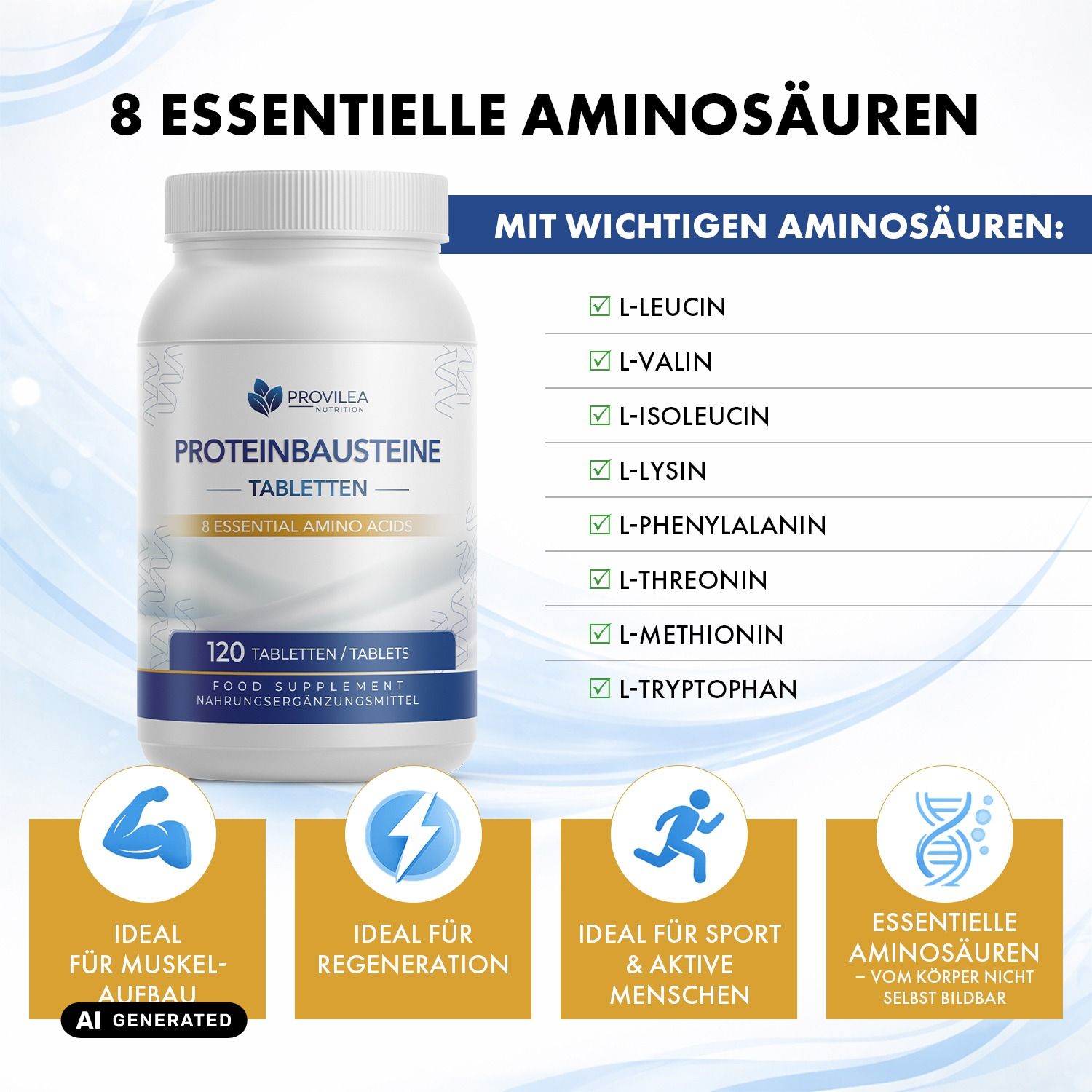 Flasche Provilea Nutrition Proteinbausteine Tabletten mit Liste der 8 essentiellen Aminosäuren.