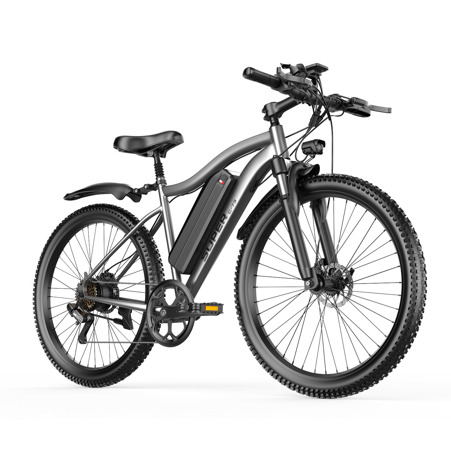 Graues E-Bike mit schwarzen Reifen und Schutzblechen. Akku am Rahmen. "SUPER G73" Schriftzug.