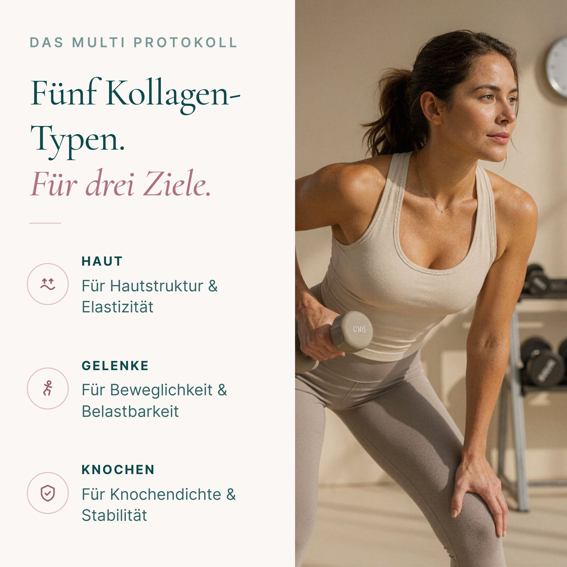 Frau beim Sport mit Hantel. Text: Fünf Kollagen-Typen für drei Ziele: Haut, Gelenke, Knochen.