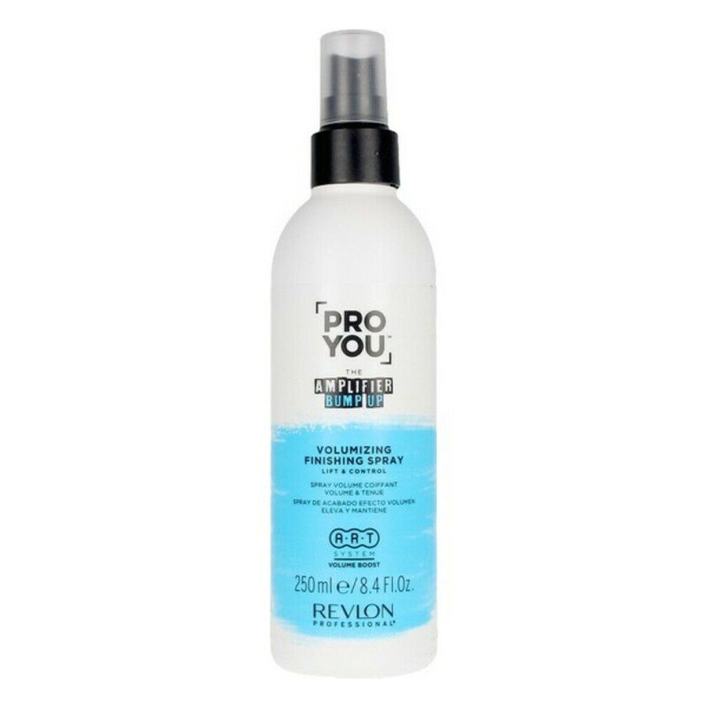 Haarspray-Flasche. Weiß, mit blauem Etikett. Enthält Text: PRO YOU, THE AMPLIFIER BUMP UP, VOLUMIZING FINISHING SPRAY, REVLON PROFESSIONAL.