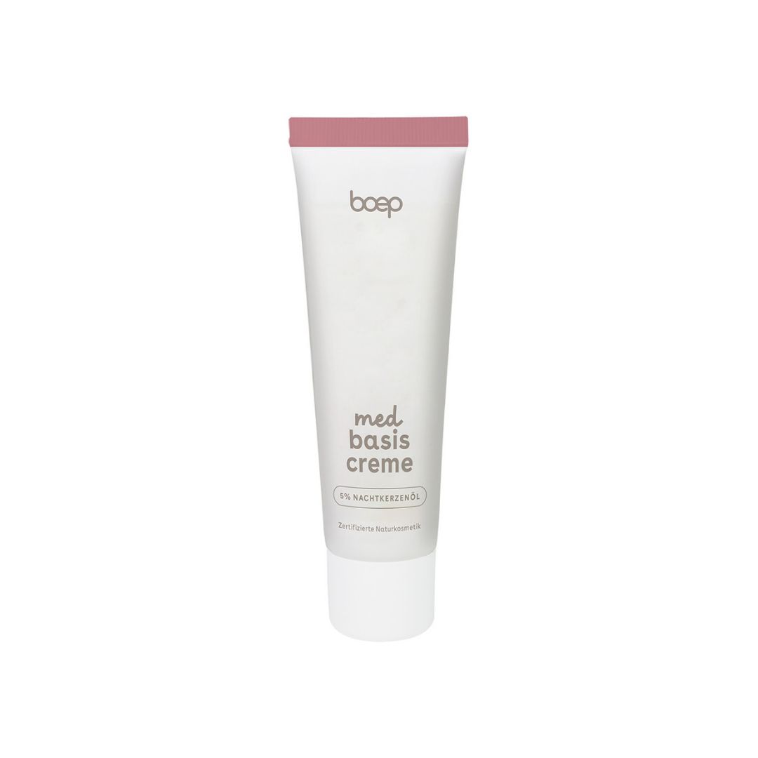 Creme-Tube. Text: boep, med basis creme, 5% Nachtkerzenöl. Weißes Rohr, rosa Deckel.