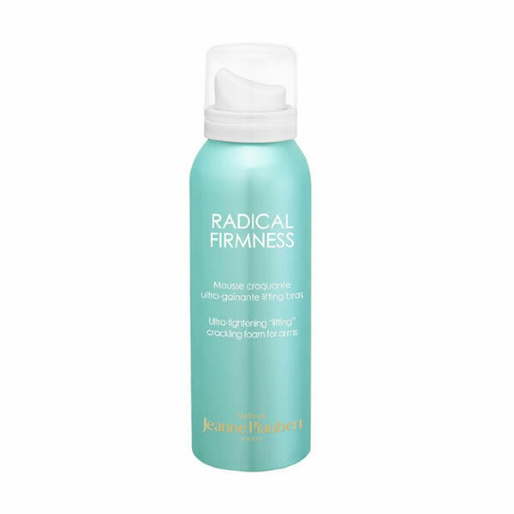 Türkisgrüne Flasche mit weißem Pumpkopf. Aufschrift: RADICAL FIRMNESS, Mousse craquante, Ultra-gaine lifting bras, Ultra-tightening "lifting" cracking foam for arms.