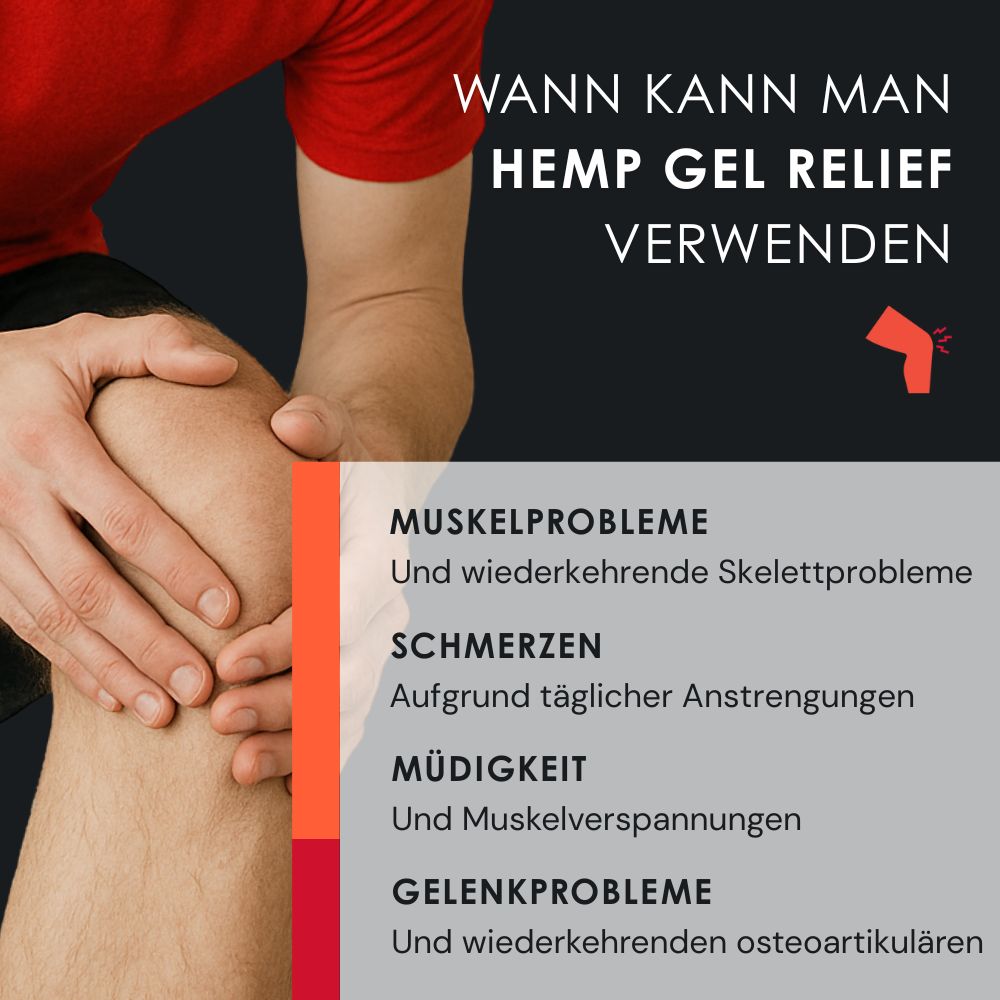 Person berührt Knie. Text: Wann kann man Hemp Gel Relief verwenden? Muskelprobleme, Schmerzen, Müdigkeit, Gelenkprobleme.