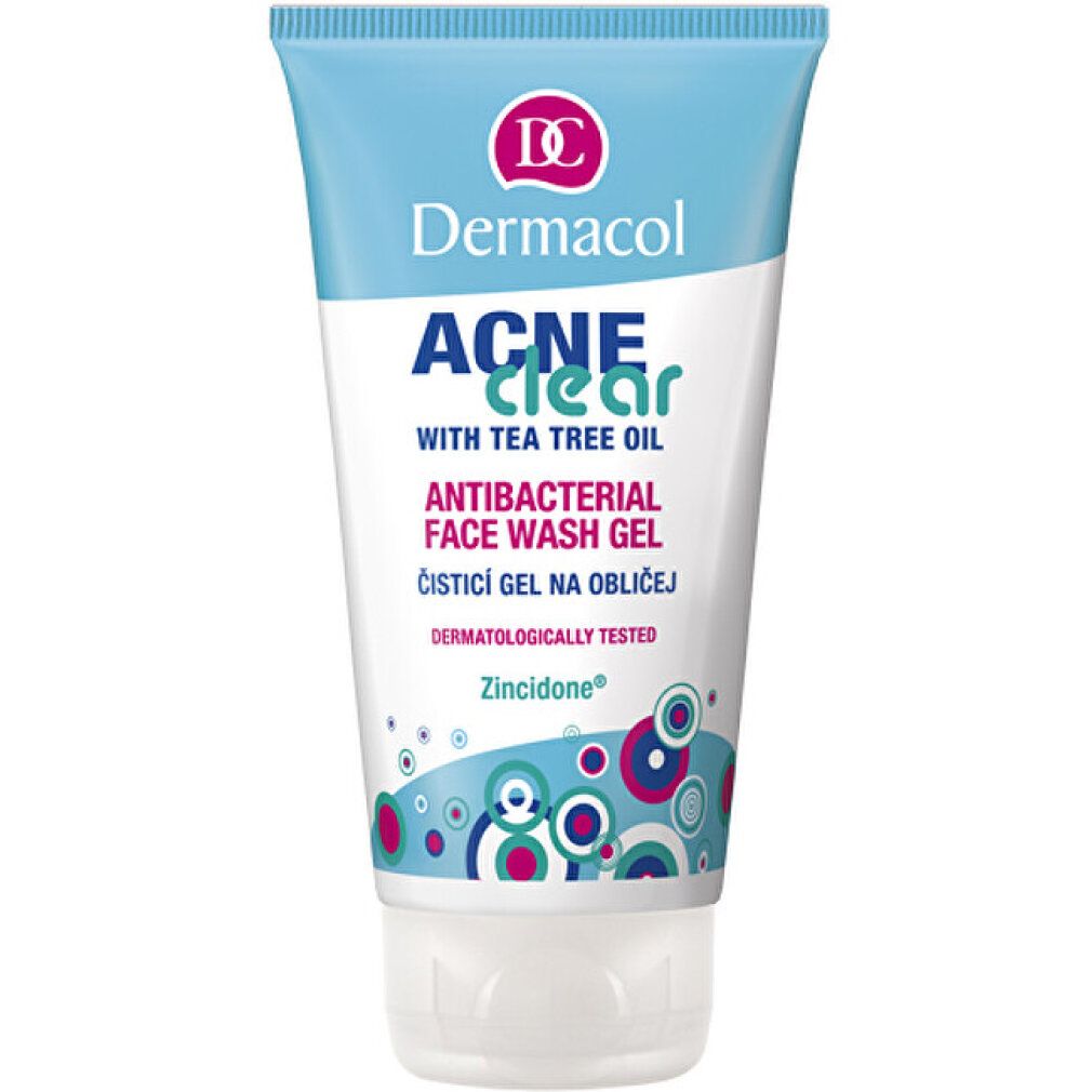 Tube mit blau-weißem Design. Aufschrift: Dermacol Acne Clear Antibakterielles Gesichtswaschgel. Mit Teebaumöl. Dermatologisch getestet.