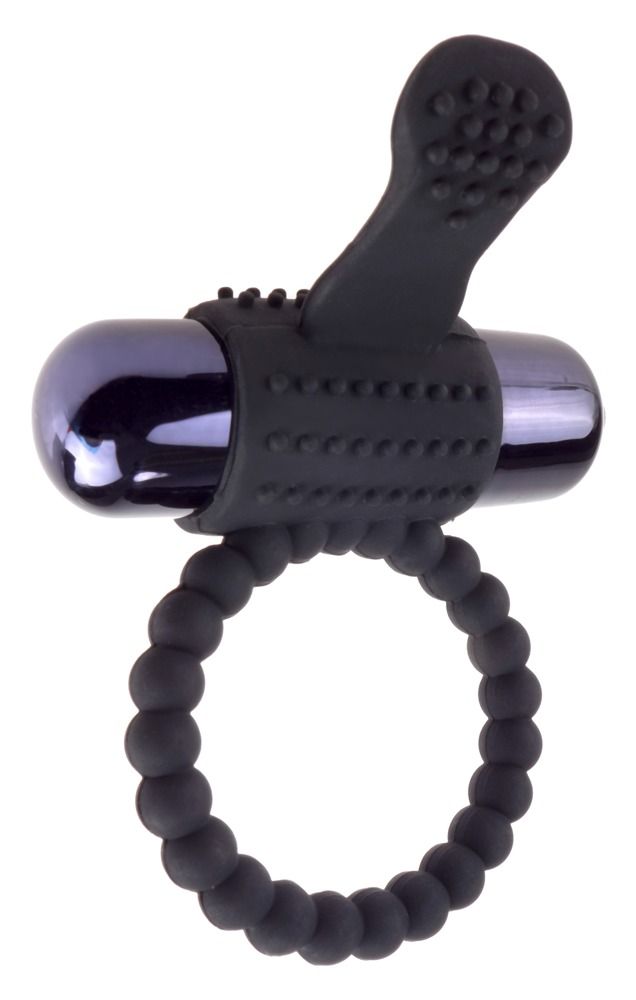 Schwarzer Vibrationsring aus Silikon mit perlmuttfarbenem Vibrator und Noppen.