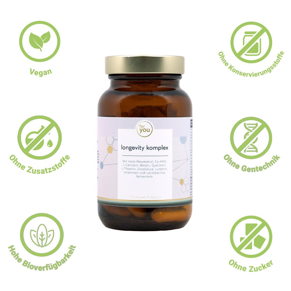 Braune Glasflasche mit goldfarbenem Deckel. Aufschrift: for you longevity komplex. Mit grünen Icons: vegan, ohne Zusatzstoffe, hohe Bioverfügbarkeit.