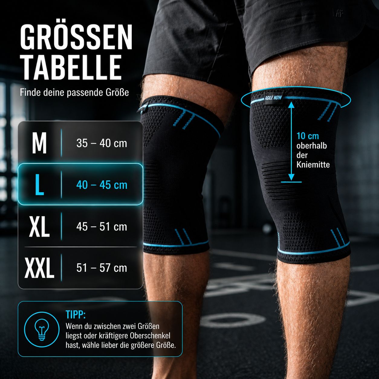 Kniebandagen auf Beinen. Größentabelle: M, L, XL, XXL. Messanleitung. Text.