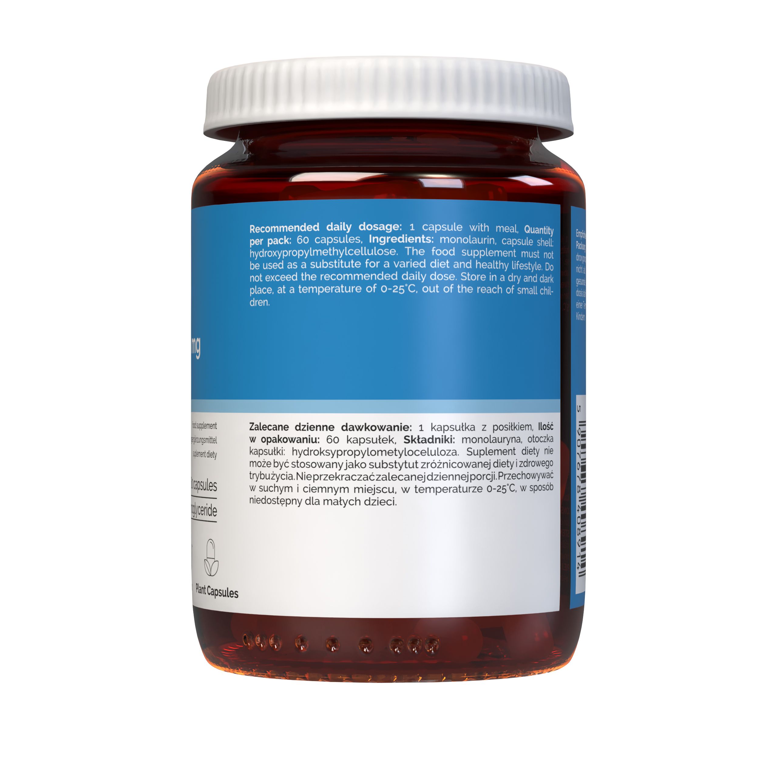 Rückseite Vitalers Monolaurin 500 mg Kapseln. Enthält Dosierungs- und Anwendungshinweise auf Deutsch.
